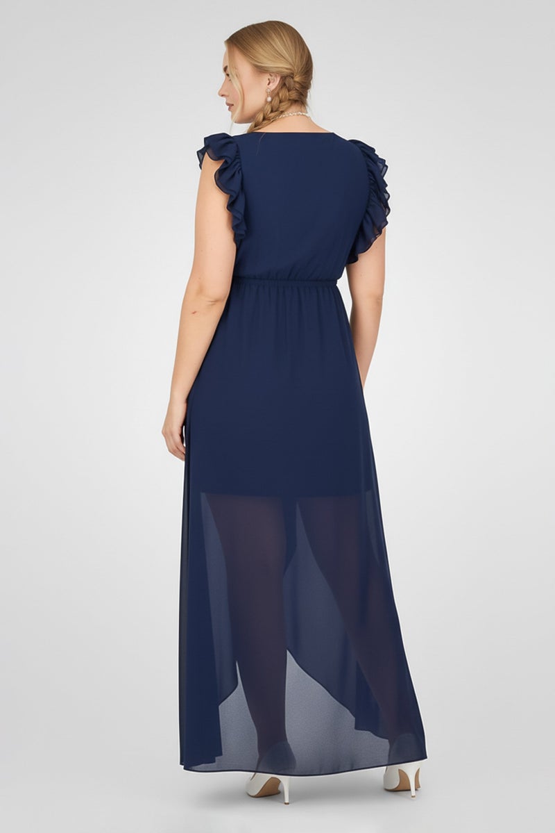 TWINSET Women Solid Ruffle Sleeve Maxi Dress, Navy - Image 4